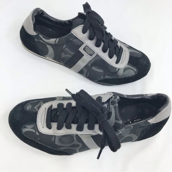 Coach KINSLEY  Black Gray Optic Signature Fabric Suede Lace Up Sneakers - Picture 1 of 13